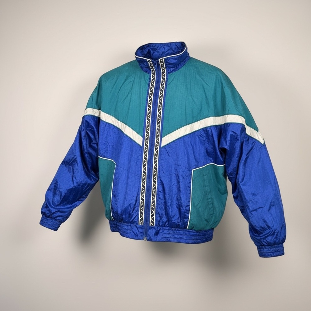 Vintage Sun River Colorblock Windbreaker‎ Jacket Teal Blue White 90s Retro Large